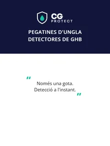 Anvers de la targeta de les pegatines: «Pegatines d'ungla detectores de GHB. Només una gota. Detecció a l'instant.»